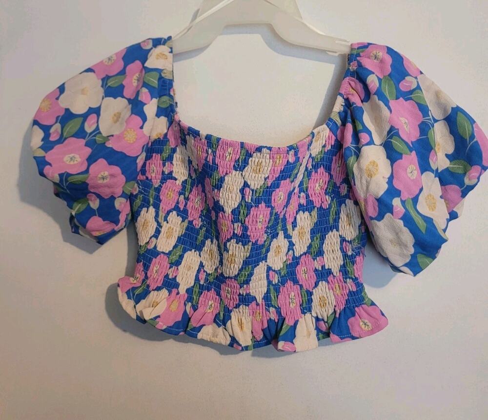 ALTAR’D STATE Colorful Floral Puff Sleeve Shirred Bodice Peasant Cropped Blouse